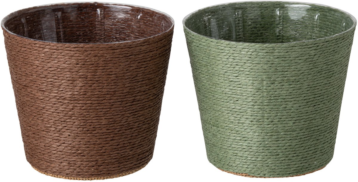J-Line Bloempot - papier - donkergroen/donkerbruin - medium - assortiment van 2