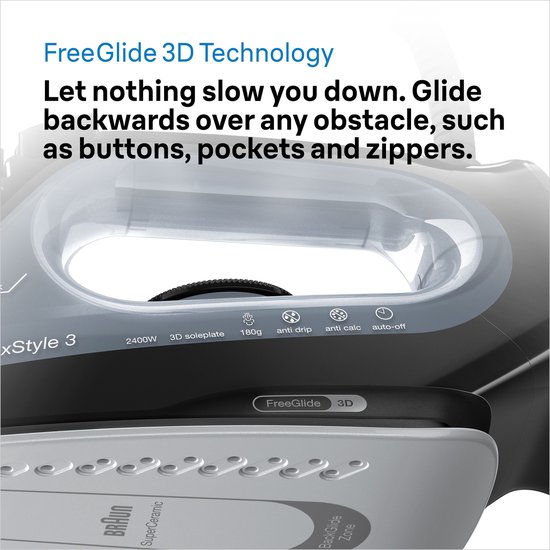 Zwart strijkijzer met FreeGlide 3D Technologie en transparante waterreservoir.