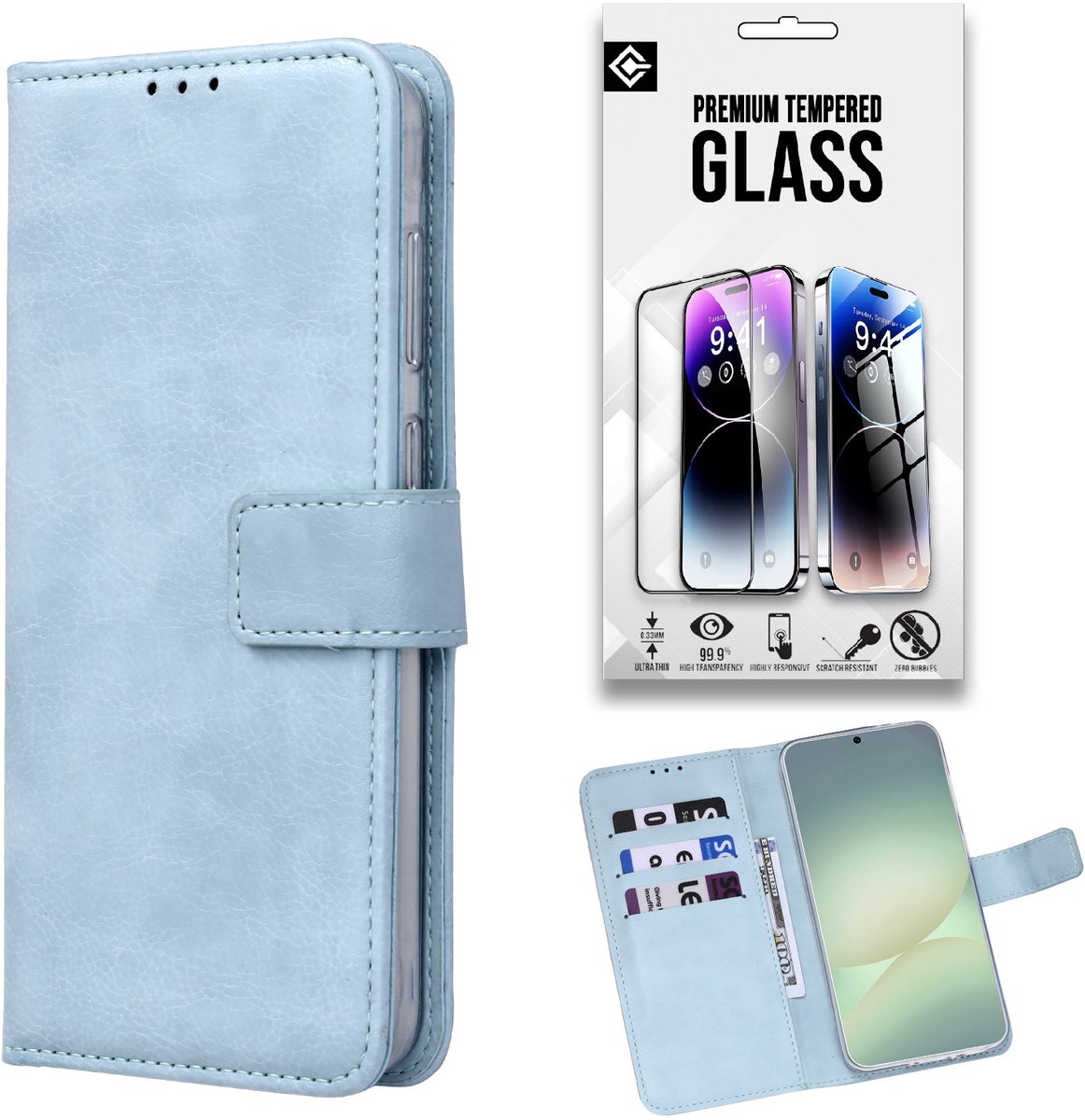 Casemania Hoesje en Glas Geschikt voor OPPO Reno16 F 5G - Licht Blauw - Portemonnee Book Case met Pasjeshouder - Wallet Telefoonhoesje + 1x Gehard Glazen Screenprotector