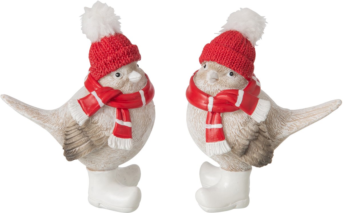 J-Line Vogel met sjaal en hoed - polyresin - kerstrood/grijs - small - assortiment van 2