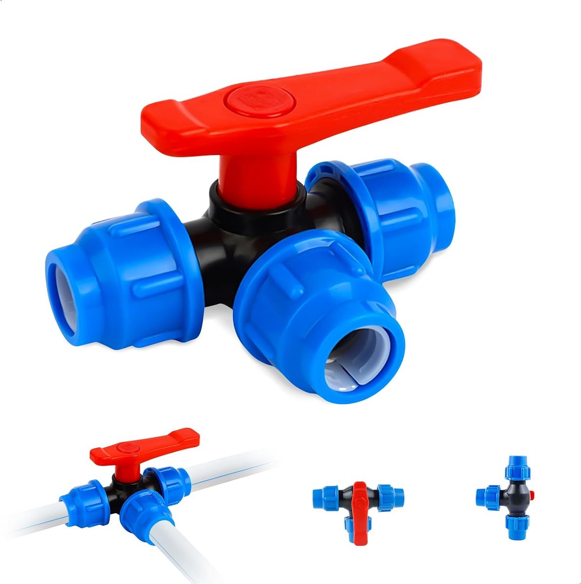 Waterverdeler met één Handgreep, 3-Wegventiel, PP-Materiaal, T-Stuk, Wateraansluiting, Kraanadapter, Geschikt Voor Buitenruimtes Zoals Tuinen, Landbouwoppervlakken en Kassen, 25 MM