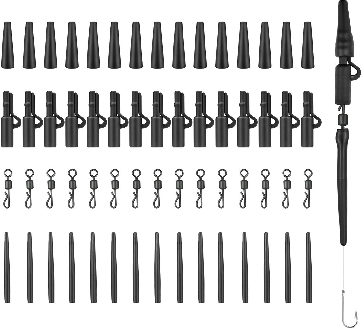 120 stuks karperclips, accessoireset voor karpervissen, clip, anti-verwarring, mouwen, rubberen staart, snelwisseldraak, kleine gewichten, voeding, zwart