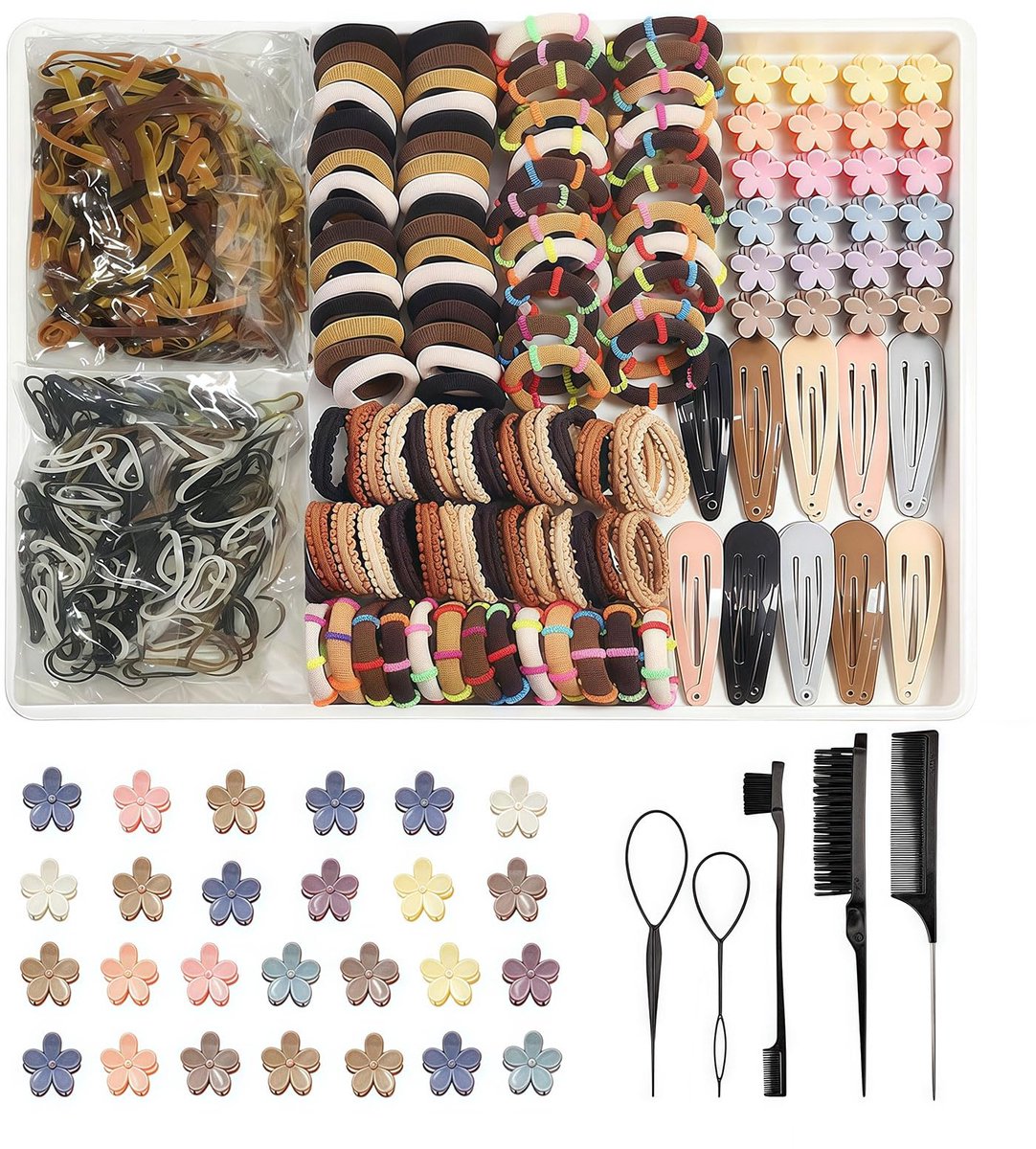 835 PCS Haargummis Mädchen – Mini Haargummis & Haargummis Klein Set met Haarclips & Stylingtools Neutrale Kleuren