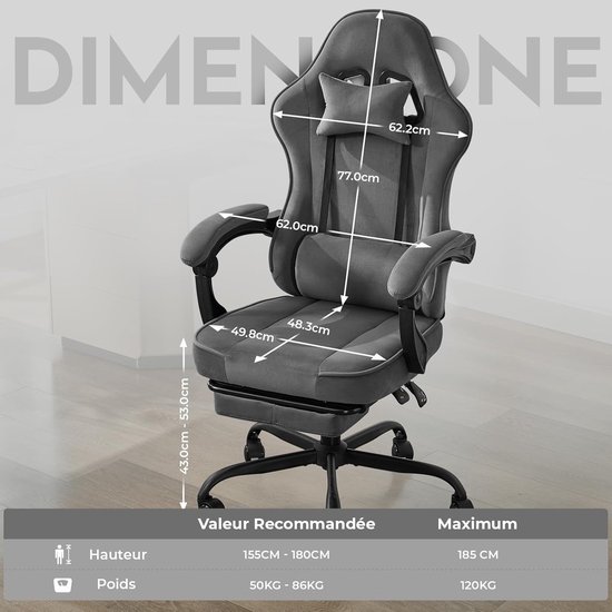 Gamingstoel met voetensteun - stof met sponskussen - voor volwassenen en kinderen - ergonomisch comfort - SnelShoppen — afbeelding 4