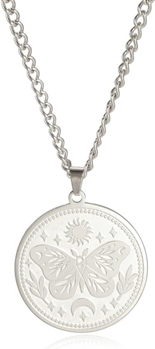 Maanfase Hanger Ketting Vlinder Zon Maan Munt Ketting Roestvrij Staal Astronomische Insect Sieraden Voor Mannen Vrouwen