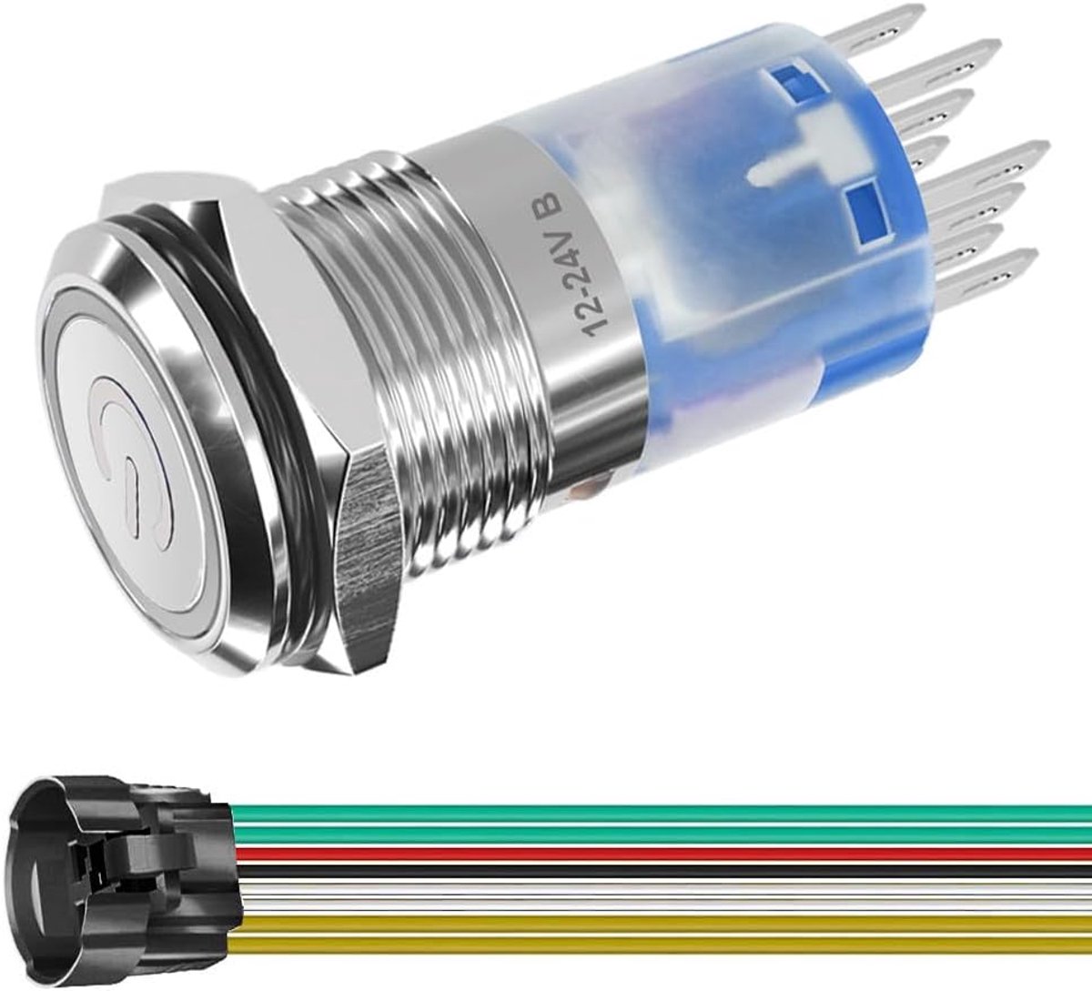 Vergrendelende/Zelfsluitende Roestvrijstalen Drukknopschakelaar 16mm montagediameter DPDT 2NO 2NC 12V-24V/5A blauwe LED met Stopcontactstekkerdraad