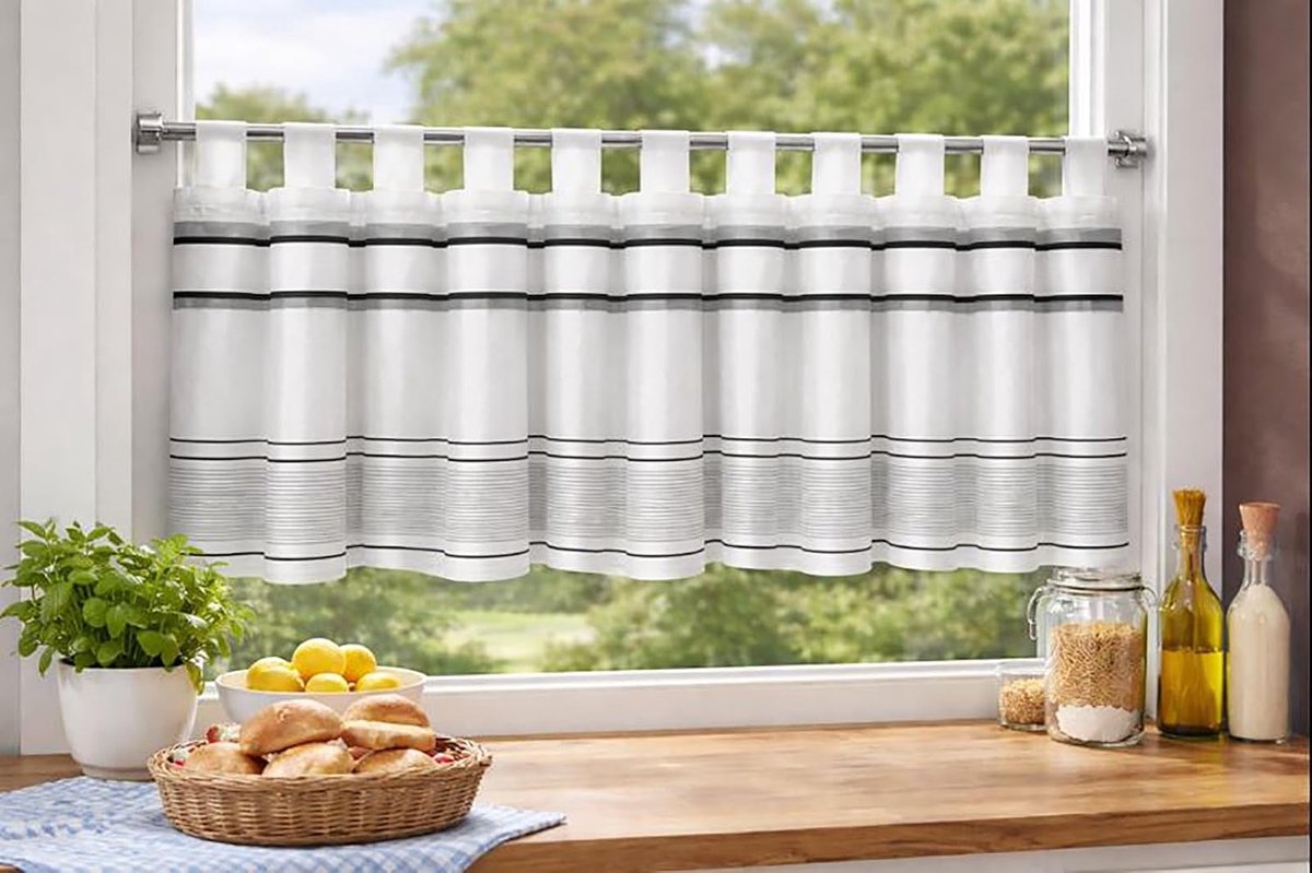 Panneau Bistrogordijn met lussen, keukengordijn, korte vitrage, transparante keuken met lussen, voile het hele jaar door (h x b), 45 x 140 cm, Buzz zwart-wit