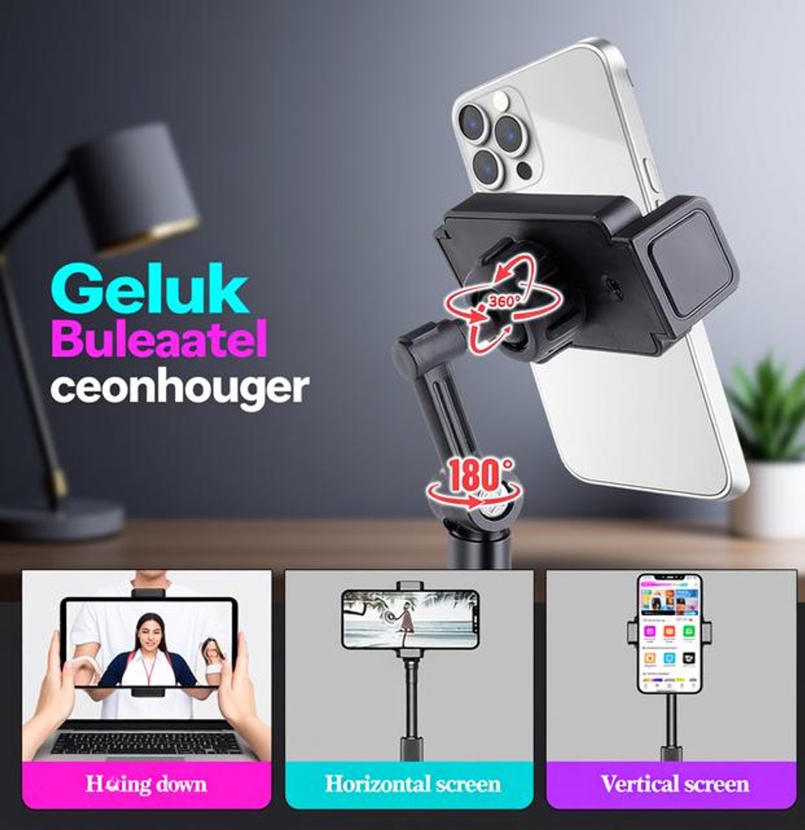 Huis Geluk Bureautelefoonhouder - Verstelbare Smartphone Standaard met 360° Rotatie - Universeel voor Thuis en Kantoor