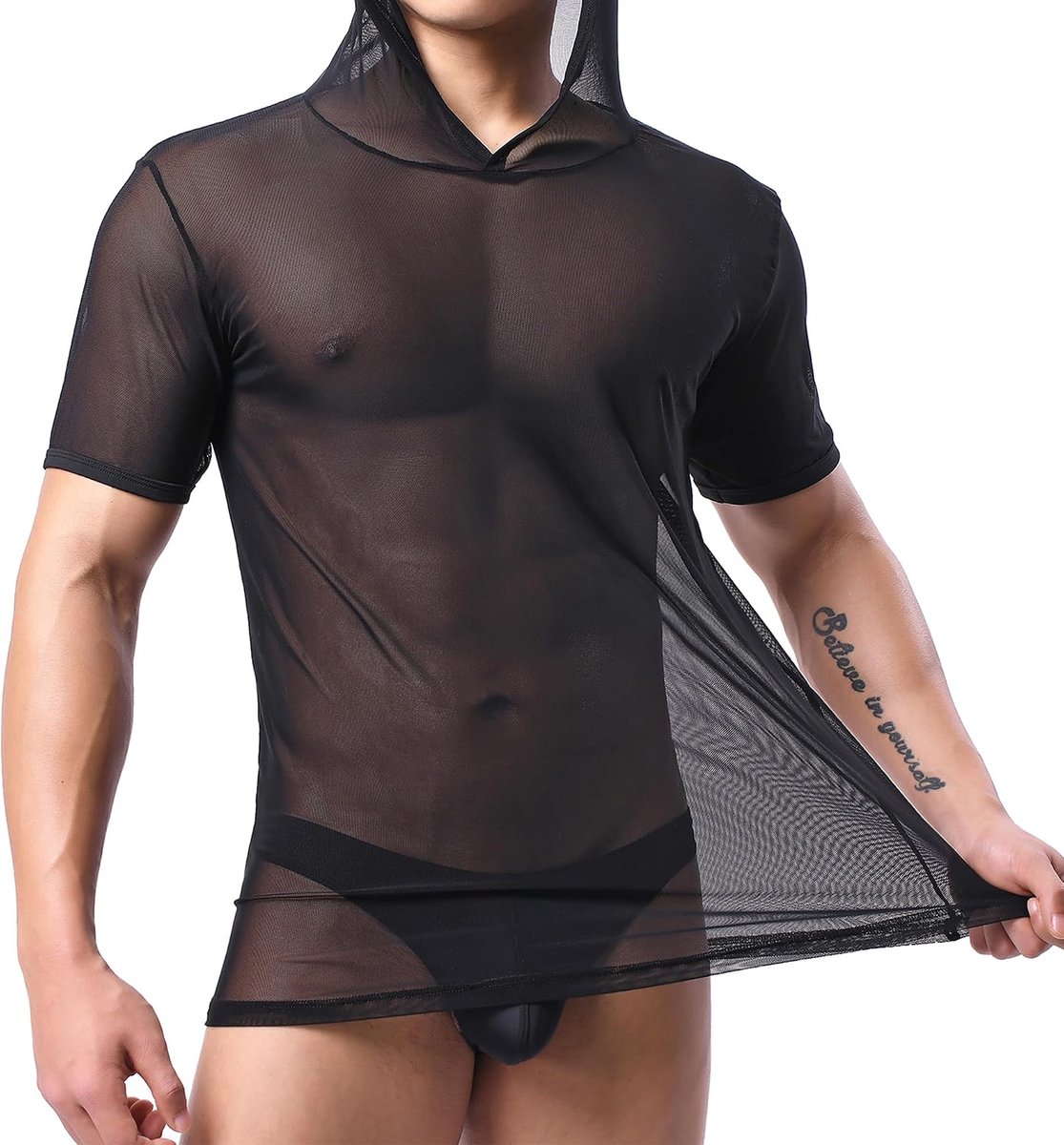 Mesh tanktop voor heren, doorzichtig vest met capuchon, mouwloos, zwart/wit/beige, vrije tijd, fitness, vakantie