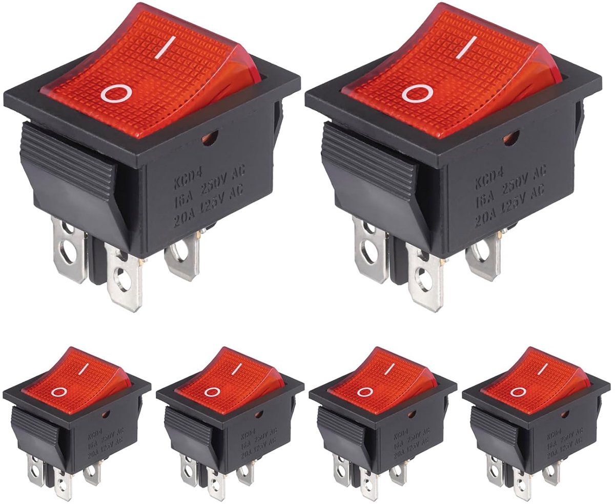 Tuimelschakelaar, 4-polige tuimelschakelaar, 16 A, 250 VAC, 20 A, 125 V AC, rood, verlichte tuimelschakelaar, 4 pins, 2 posities, rood licht, inbouwschakelaar, omschakelaar, boot schakelaars