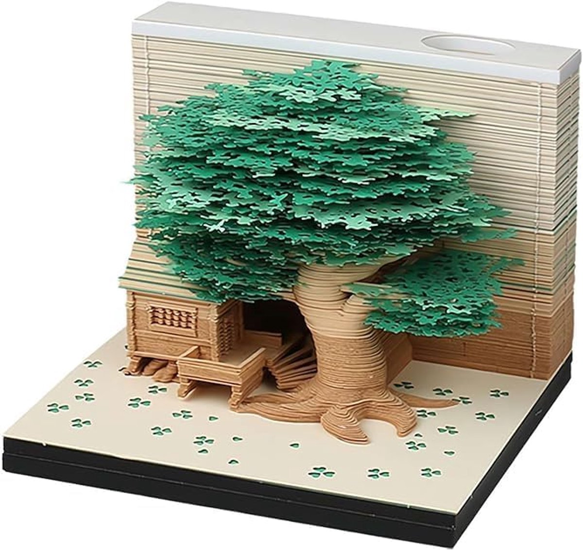 3D-notitieblok, niet gelijmd, 3D boomhut (groen) papierkunst met displaydoos, glashelder, 9 x 9 x 6 cm, 260 vellen, tafeldecoratie