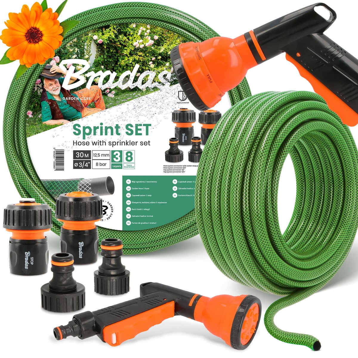 30m Tuinslangset 3/4'' Groen 3-laags met 7-functie Sproeier & Koppeling