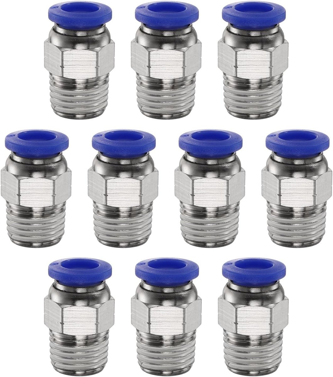10 stuks drukkoppeling, 8 mm buis, OD x 1/4 inch NPT mannelijke rechte snelkoppeling, koperen luchtslang voor industriële luchtsystemen, PC8-N02, blauw