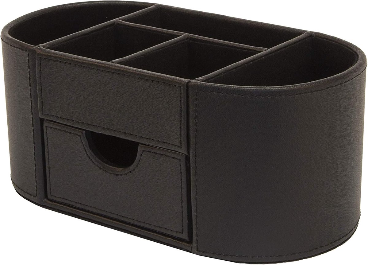 Kunstlederen bureauorganizer met lade, opgeruimd bureau voor kantoor, pennenhouder, make-upcontainer, potloodopslag, briefpapierhouder met 6 vakken, 10 x 23 x 12 cm (h x b x d), zwart