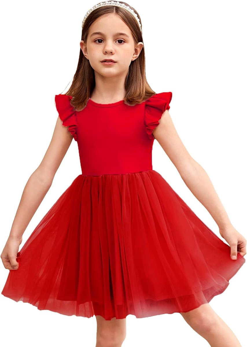 Meisjesjurk voor kleine kinderen, tule jurk, vliegende mouwen, prinsessenjurk, feestelijke jurk, tutu, kinderjurk, katoen, feestjurk, verjaardag, bruiloft, zomerjurk, 2-7 jaar