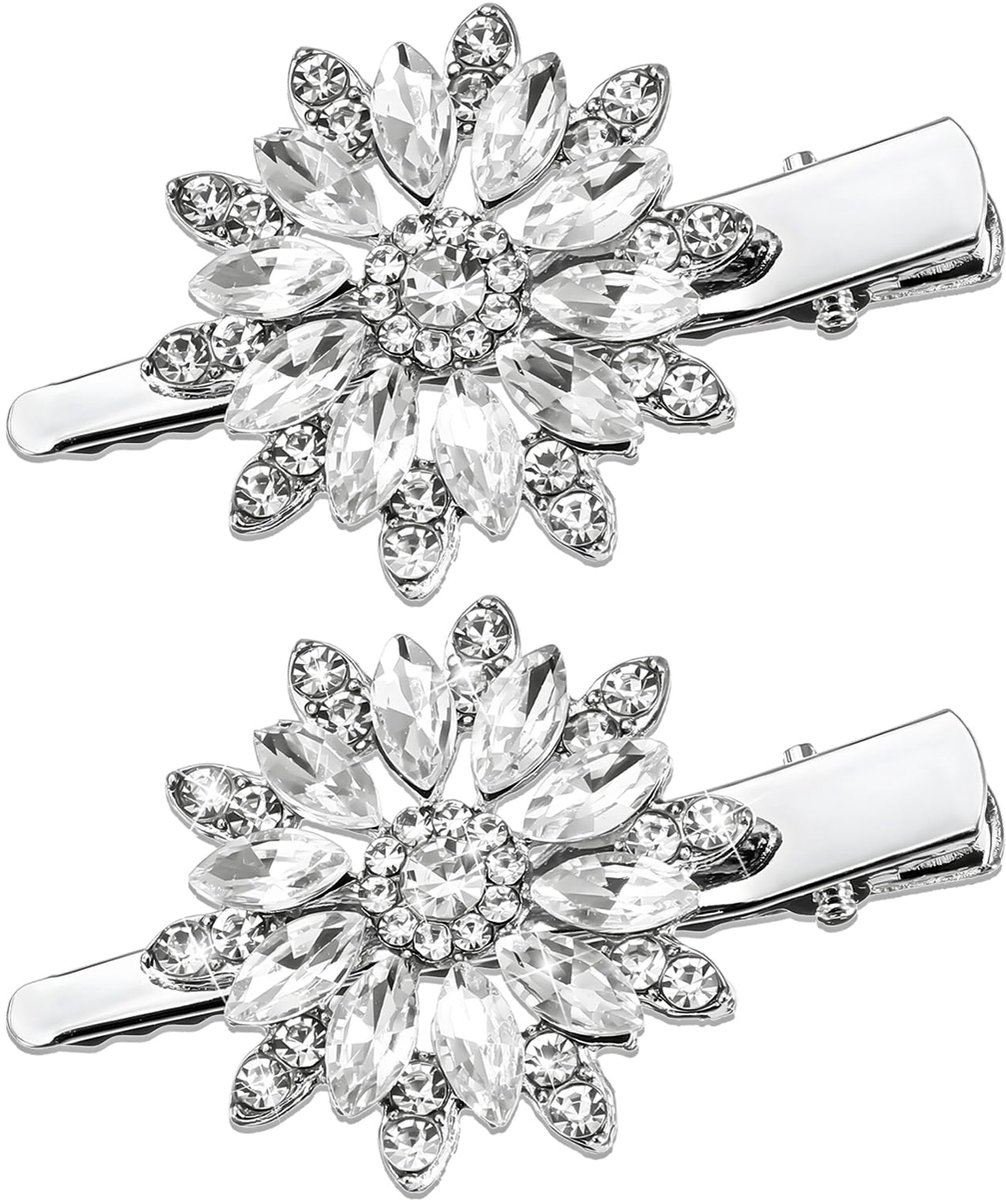 2 stuks sprankelende strass haarspeldjes enkele bloem, zilver kristal metalen alligator clips bloemen eendenbek haarspeldjes bling Franse fancy haarspeldjes voor vrouwen meisjes haarsieraden