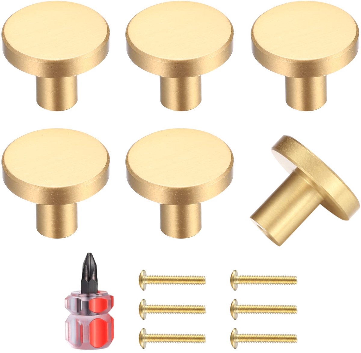 6 stuks ronde kastknoppen, goudkleurige messing ladeknoppen, deurbeslag, keukenbeslag, kastknoppen, roestvrij staal, één gats-greep met schroeven voor kast, kledingkast, met een schroevendraaier