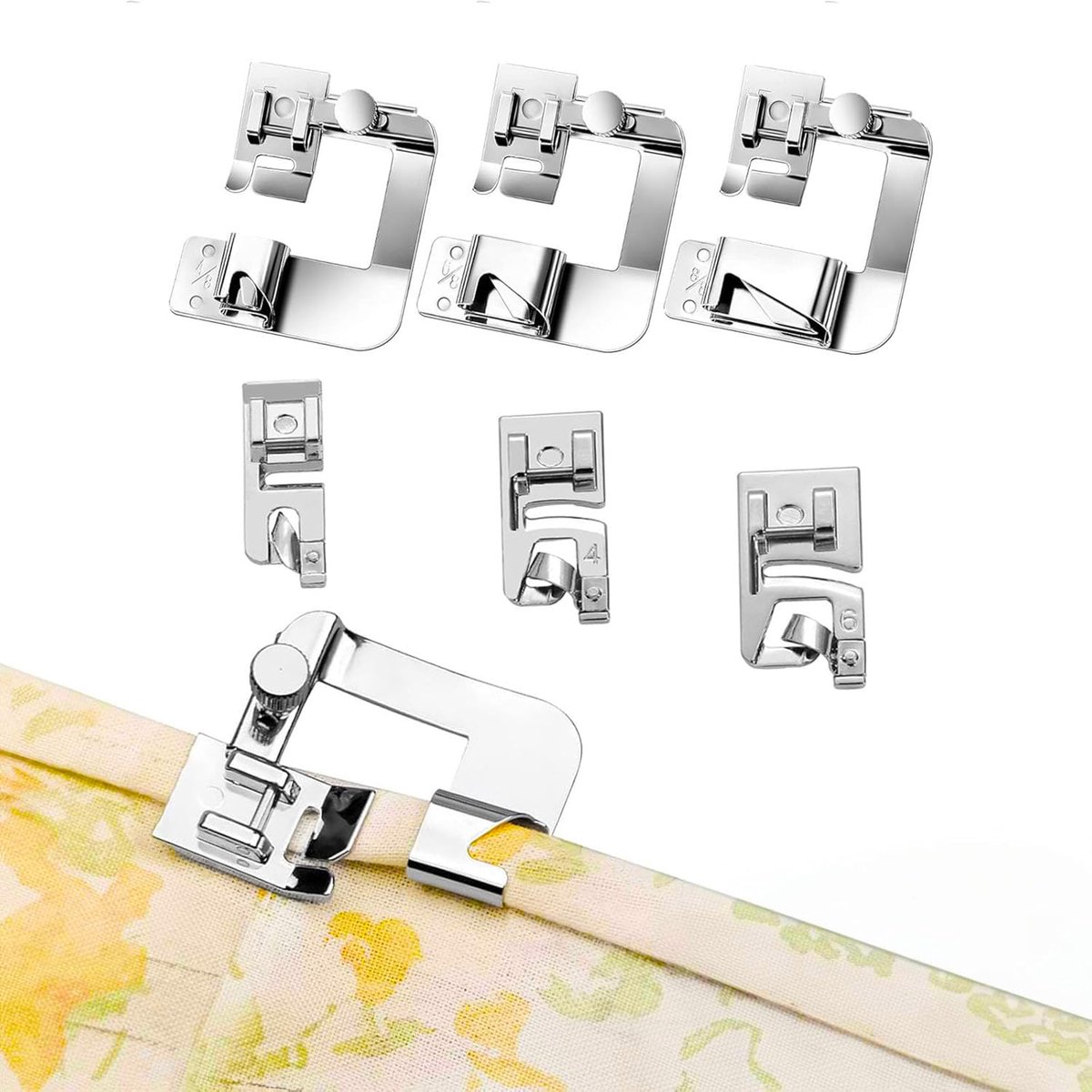 6 stuks naaivoeten roestvrij staal naaimachine rolzoom, 3 naaivoeten voor smalle rolzoom (3/4/6 mm), 3 naaivoeten voor brede rolzoom (4/8,6/8,8/8 inch), naai-accessoires
