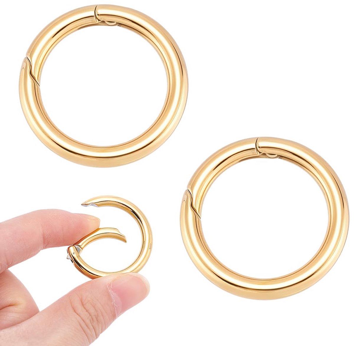 2 Stks Gouden Spring Gate Ringen 304 RVS Snap Sluitingen 30mm Diameter Ronde Karabijnhaak Clips Snap Haken Metalen Lente Sleutelhanger Gesp Sluitingen voor Tas Portemonnee Sleutelhangers