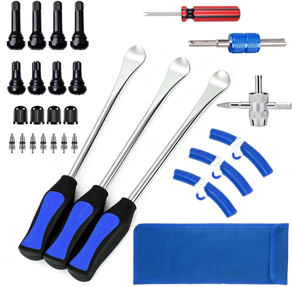 28 stuks bandenmontagehendels, bandenmontagegereedschap, montageijzer banden met velgbeschermers ventielen, ventielkernsleutel en draagtas, voor motorfiets/fiets/wagens banden, blauw