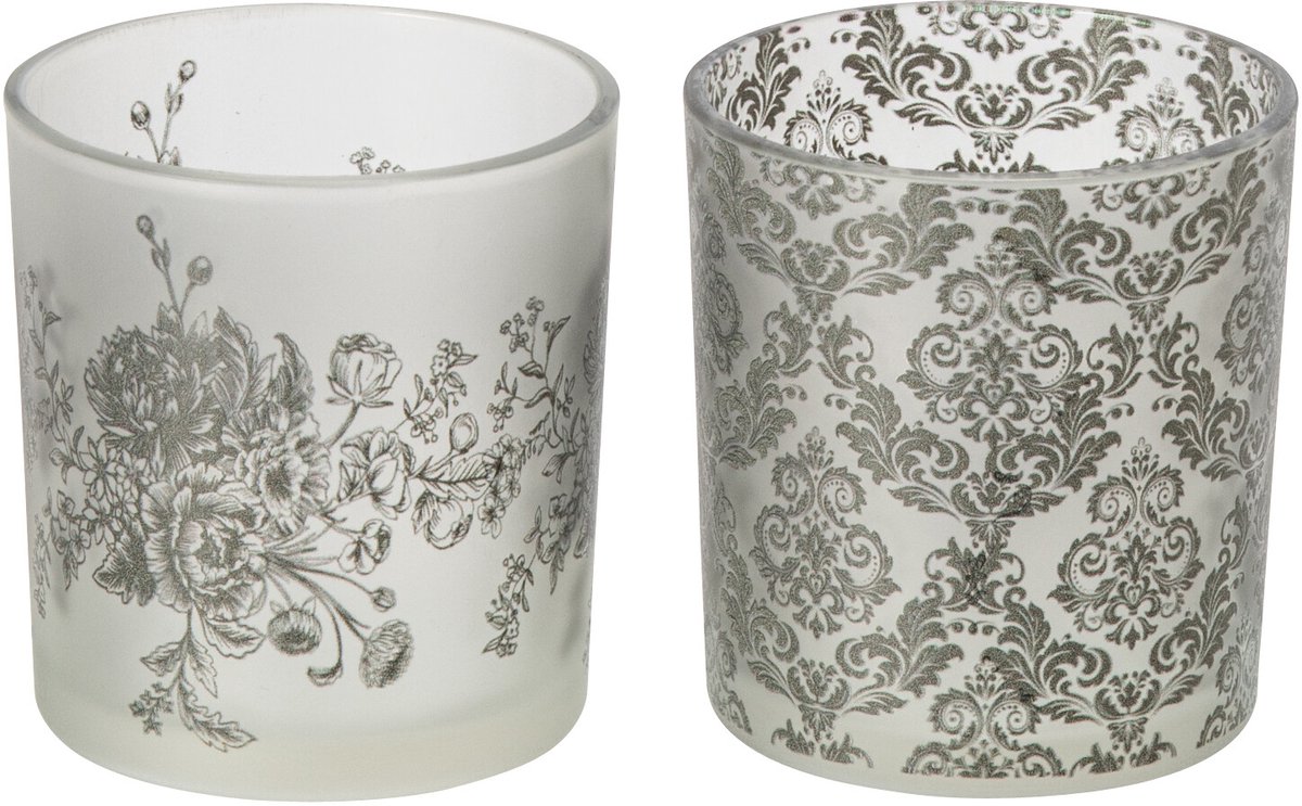 J-Line theelichthouder Bloemen - glas - kakigroen - small - 2 stuks
