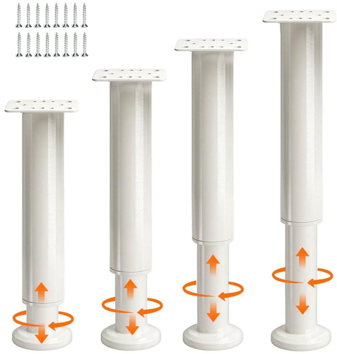 4 stuks meubelpoten, verstelbaar, wit, veelzijdige metalen kastpoten, 25-43 cm, in hoogte verstelbare poten voor meubelpoten, meubelpoten, bedpoten, kastpoten, bankpoten, commodes