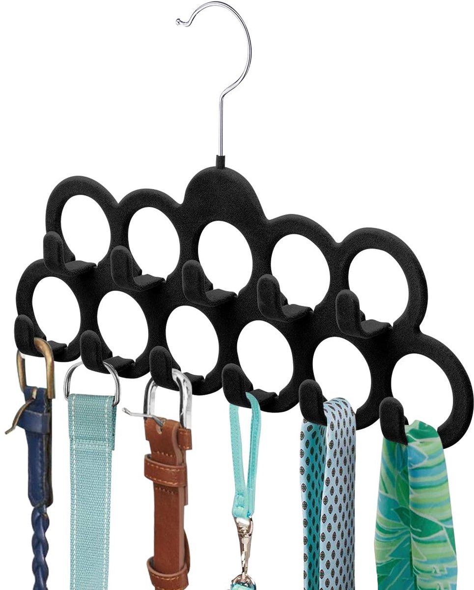 Sjaalhanger, Sjaal Organisator, Fluwelen Afwerking, Sjaalhouder met 11 Lussen en Haken voor Sjaals, Sjaals, Dassen, Riemen, of Andere Accessoires, 2 Pak (Zwart)