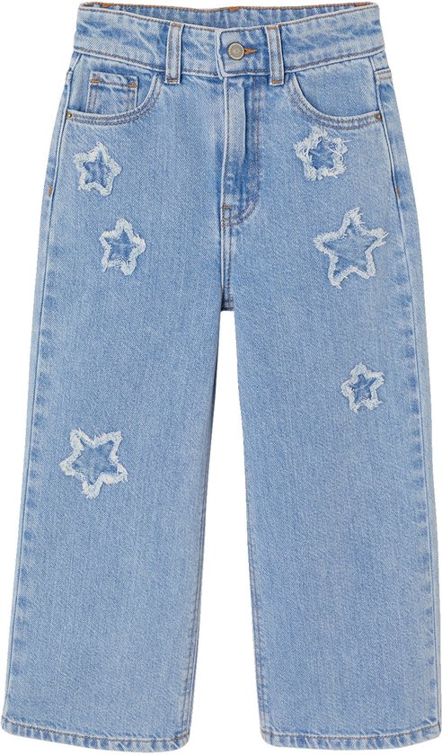 Lichtblauwe wijde spijkerbroek met sterrenapplicaties over de hele broek.