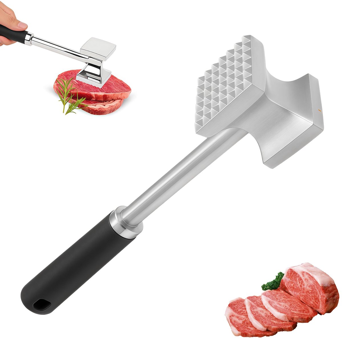 Vleeshamer RVS Vaatwasbestendig, Vleeshamer RVS, Schnitzelhamer RVS, Dubbelzijdig 27 cm, RVS Vleeshamer