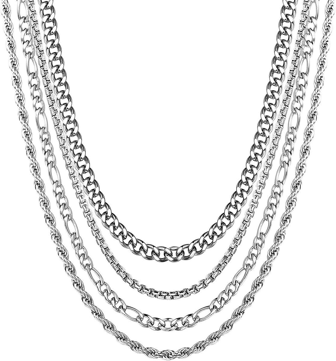4Pcs Zilveren Ketting Voor Mannen Roestvrij Staal Mens Zilveren Ketting | Zilveren herenketting, Cubaanse touw Figaro Box Heren Ketting Heren Sieraden, Zilveren Ketting voor Mannen Jongens