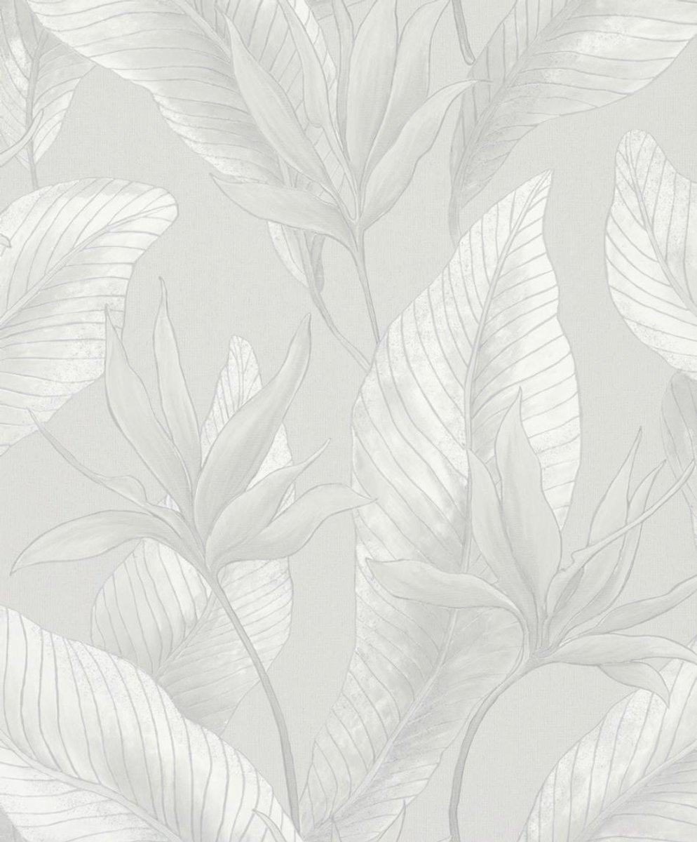 Behang - Bladeren - Japandi - wit grijs - Linnenstructuur - Metallic Glans - Vliesbehang - Woonkamer Slaapkamer - 0,53 x 10,05 M – Whisper