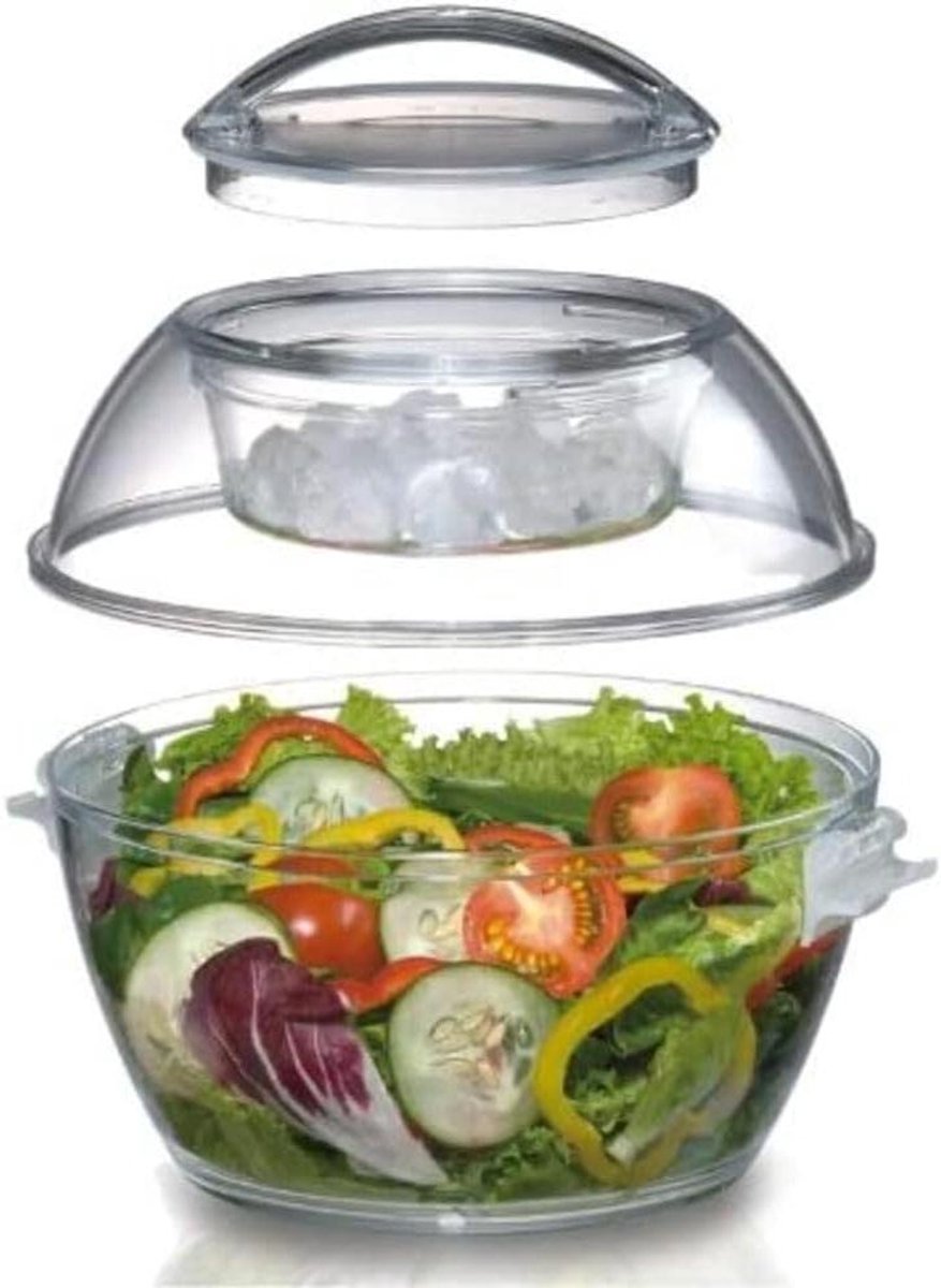 Saladekom - Saladebak Serveerschaal - Salade Koel Houden - Met Ingebouwde IJskamer - 5.5 Liter - Transparant