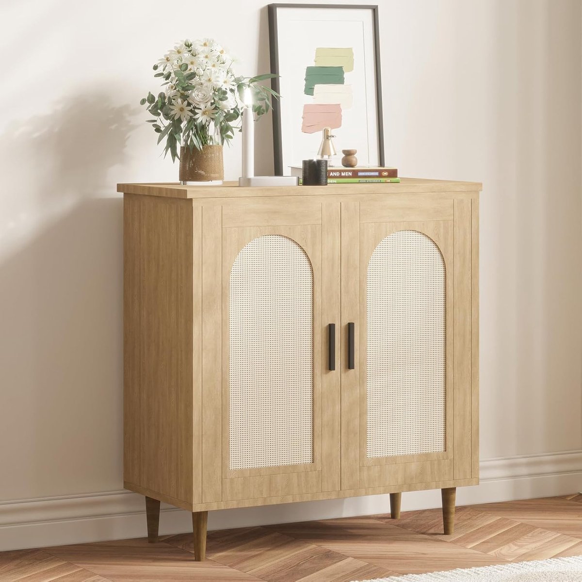 Triumpunpre - Dressoir Buffetkast Opbergmeubel van rieten verstelbare planken - laden met massief houten poten - voor woonkamer, gang en keuken - Houtkleur