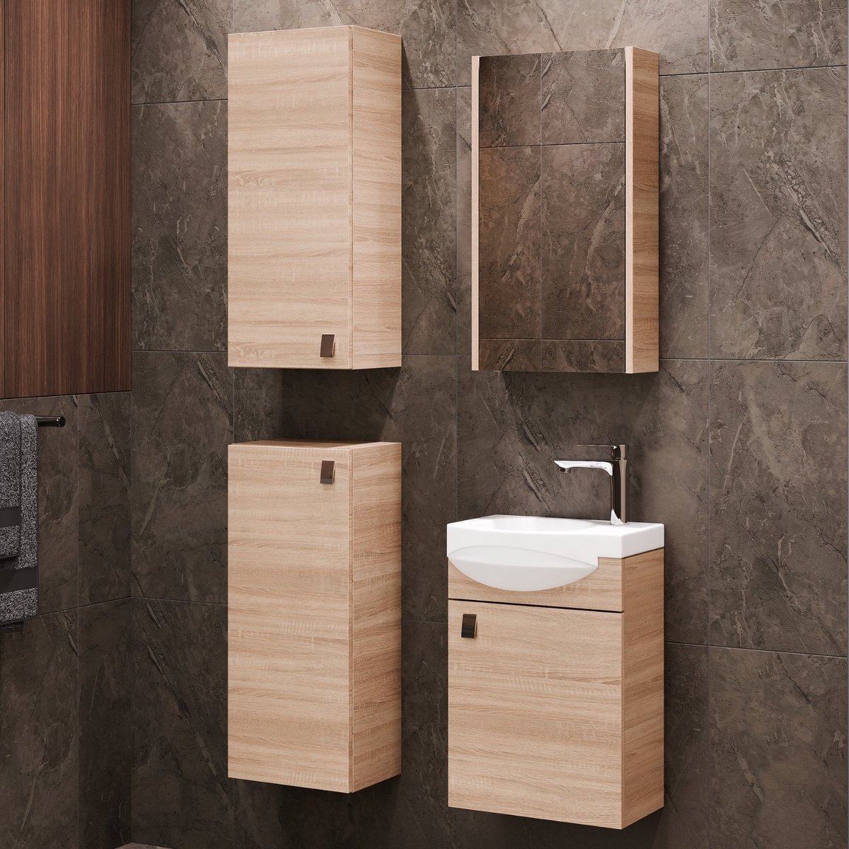 Planetmöbel - Badkamermeubelset 40 cm - Sonoma eiken - Met spiegelkast - 2x Midikast - Softclose