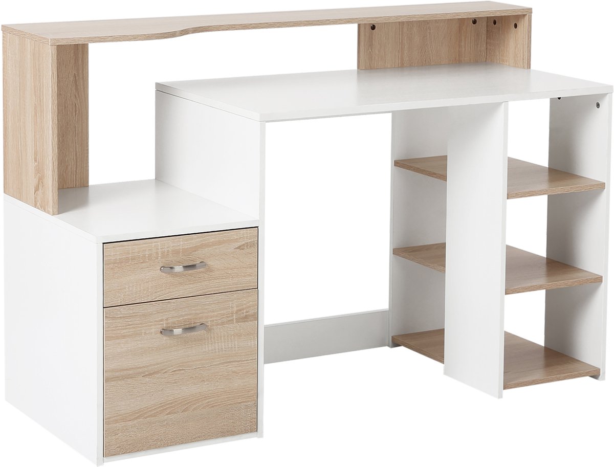 Opbergtafel - computerbureau met twee lades - afmetingen 137 x 55 x 92 cm - voorzien van open schappen en een printerrek.