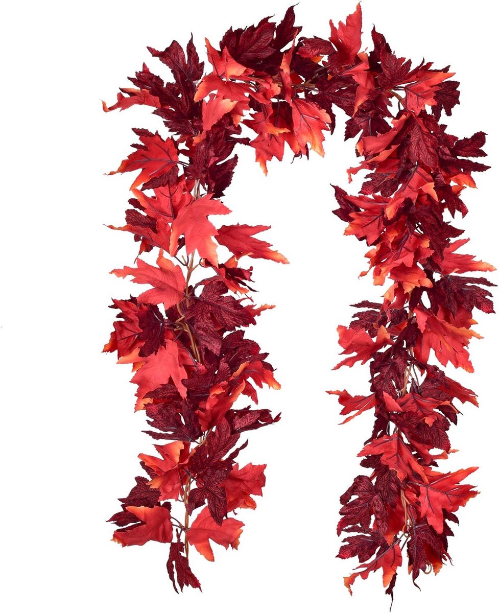 Kunstmatige Rode Esdoorn Bladeren Slinger – Herfstdecoratie – Realistische Kunstbladeren – 2 Stuks – 180cm – Voor Woonkamer, Tuin, Feestdecoratie & Halloween