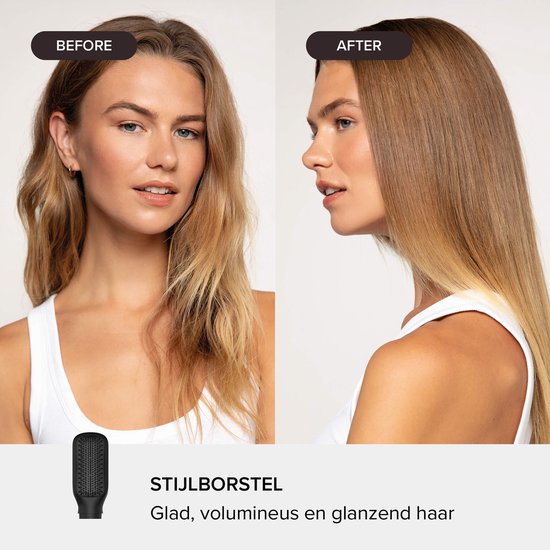 Voor en na foto van een vrouw met haar dat steil en glanzend is geworden na gebruik van de styler.