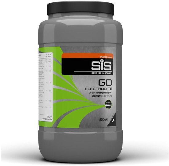 Grijze pot met SIS GO ELECTROLYTE Sinaasappelsmaak. 36g koolhydraten en elektrolyten per portie.