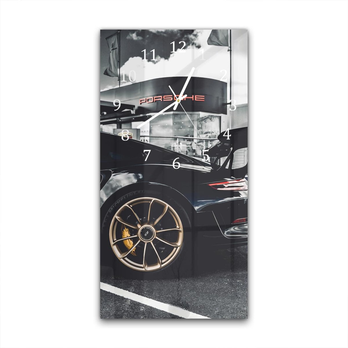 Mydesignglas Grote Glazen Wandklok XXL Porsche GT3 RS Wit- Verticaal 30x60 cm - Stille Klok voor Woonkamer & Keuken - Modern Design - Gehard Glas