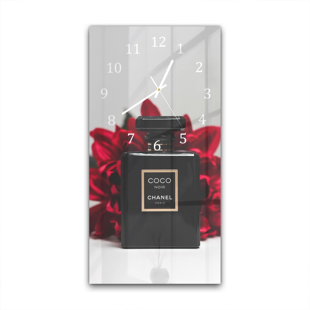 Mydesignglas Grote Glazen Wandklok XXL - Wandklok 30x60 - Gehard Glas - Chanel Parfum Zwart- Stille Klok voor Woonkamer & Keuken - Modern Design Wandklok 30x60 - Gehard Glas - Chanel Parfum Wit