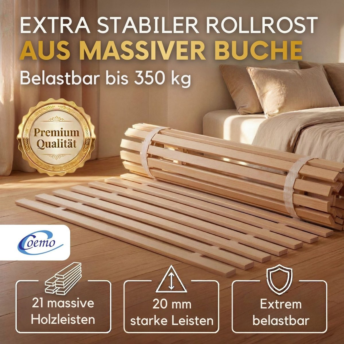 Coemo oprolbare lattenbodem 120 x 200 cm - van beukenhout – extra stevig – 21 latten, hoog draagvermogen – belastbaar tot 350 kg – geen montage nodig