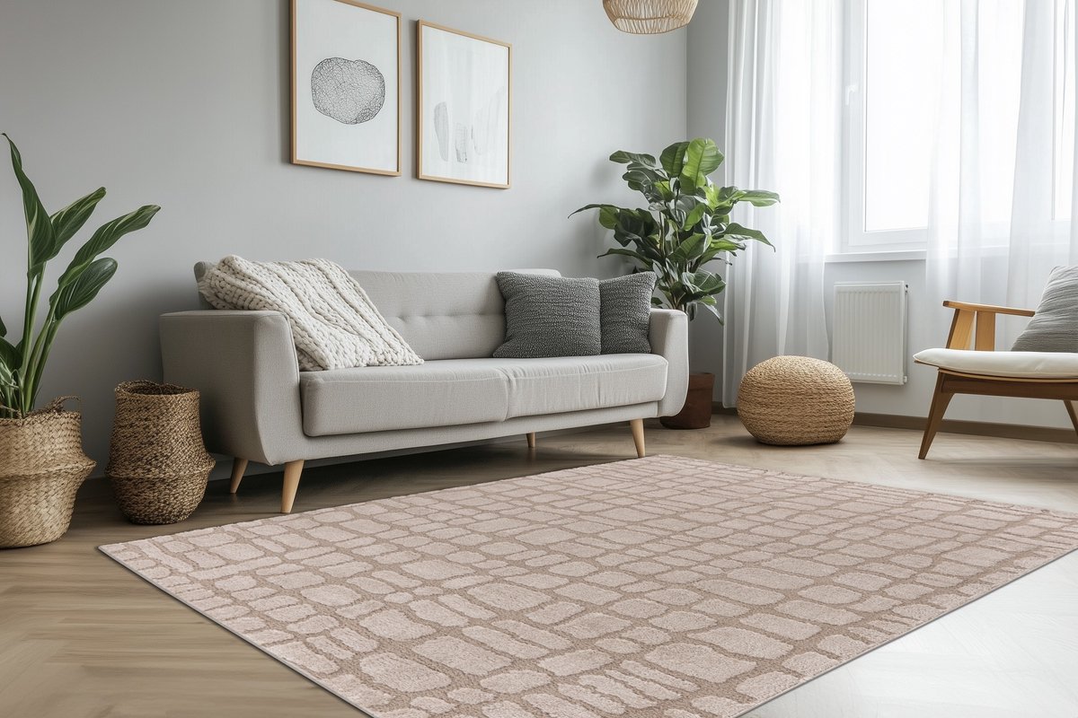 Padiro stijlvol laagpolig vloerkleed 160 x 230 cm - donkerbeige - abstract boho-ontwerp - voor vloerverwarming - van polyester en jute