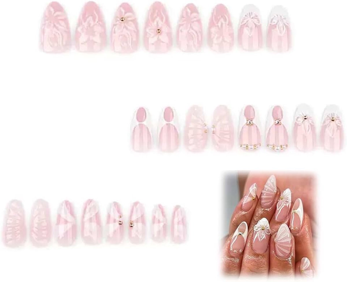 24 stuks witte amandelvormige ombré-nagels met 3D-bloemen, glanzend, kunstnagels om op te plakken, herbruikbaar, delicate manicure voor dames
