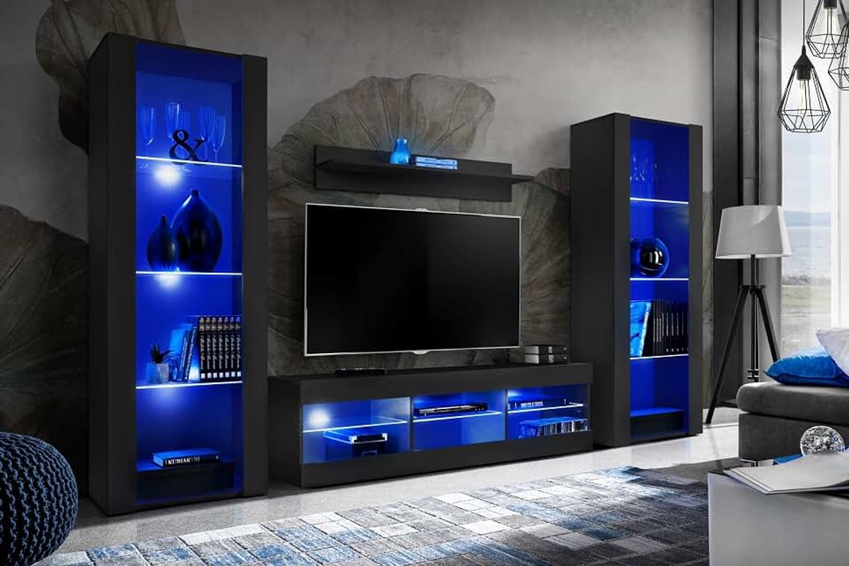 Tivoli Grande woonkamer RTV meubelset, Zwart/Zwart, Breedte 290cm x Hoogte 159cm x Diepte 35cm, Blauw LED, Voor woonkamer, Slaapkamers