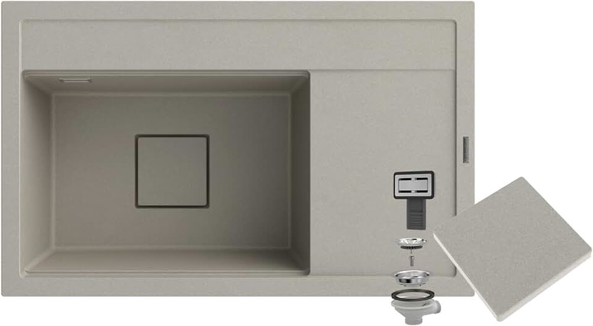 Granieten wasbak 81x50, 5x22 cm | keukenwasbak met moderne afvoerstop, elegante granieten spoelbak met afdruipvlak, inbouwspoelbak met sifon, Beige
