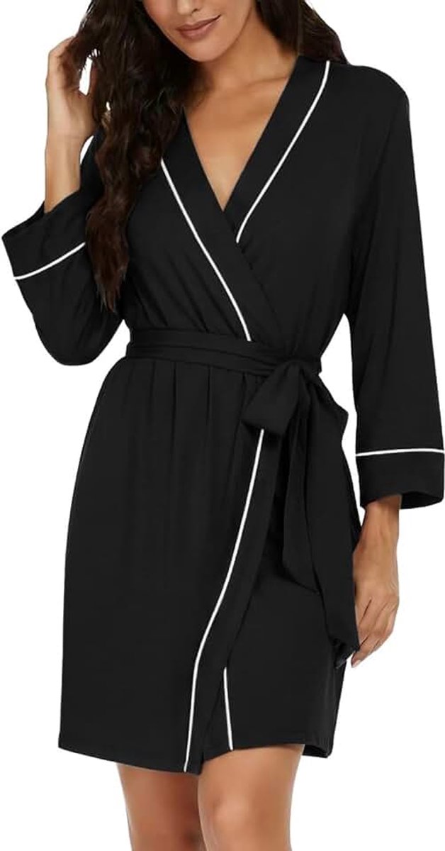 Badjas dames korte V-hals 3/4 mouwen ochtendjas lichte kimono robe loungewear