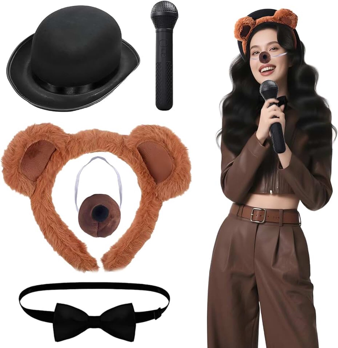 Five night, grappig kostuum met haarband, vlinderdas, monddecoratie, dierenjurk, volwassenen, kostuumaccessoires voor carnaval, cosplay party