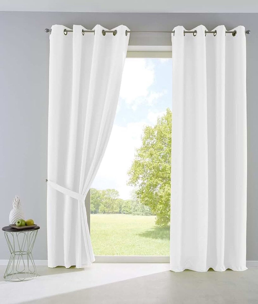 Set van 2 gordijnen, ondoorzichtig, mat, lichtdoorlatend, met oogjes en embrasses deco, HxB 175 x 140 cm, wit, 10000265-2