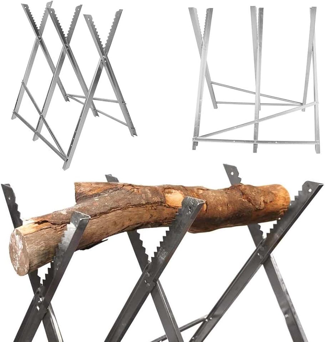 Zaagbok, verzinkt, inklapbaar, zaagbok voor kettingzagen met 3 houders en tanden, houtsnijbok als zaaghulp, kettingzaagbok, tot 100 kg (zilver, 3 houders, 84 x 80 x 80 cm)