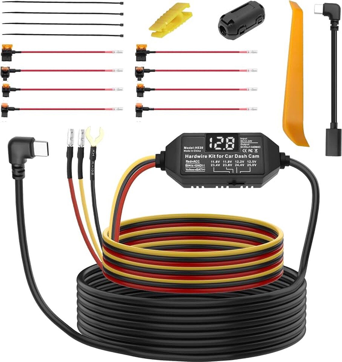 Dash Cam Acc Hardwire Kit USB type C hardwire kit zekering 12V-24V naar DC 5V 3A dashboard autocamera oplader stroomkabel met laagspanningsbeveiliging voor dashcam GPS-recorder (3,5 m)